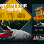 cover of THREE LEFT TURNS TO NOWHERE which features a Mustang turning left on a road with trees behind it.