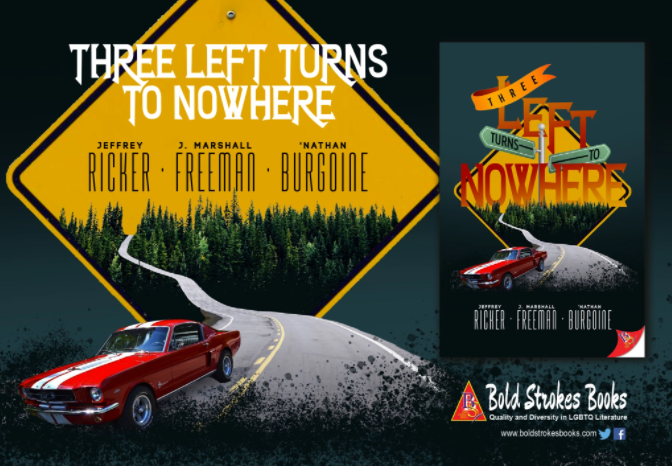 cover of THREE LEFT TURNS TO NOWHERE which features a Mustang turning left on a road with trees behind it.